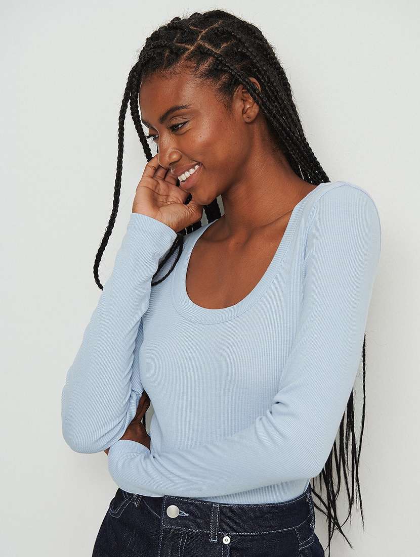 light blue solid long sleeves regular top - 20299429 - Zoom Image - 0