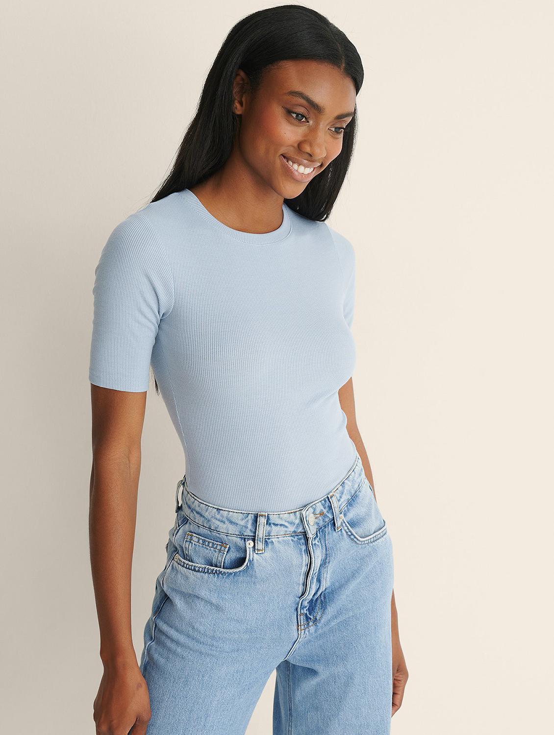 light blue solid short sleeves regular top - 20299459 - Zoom Image - 0