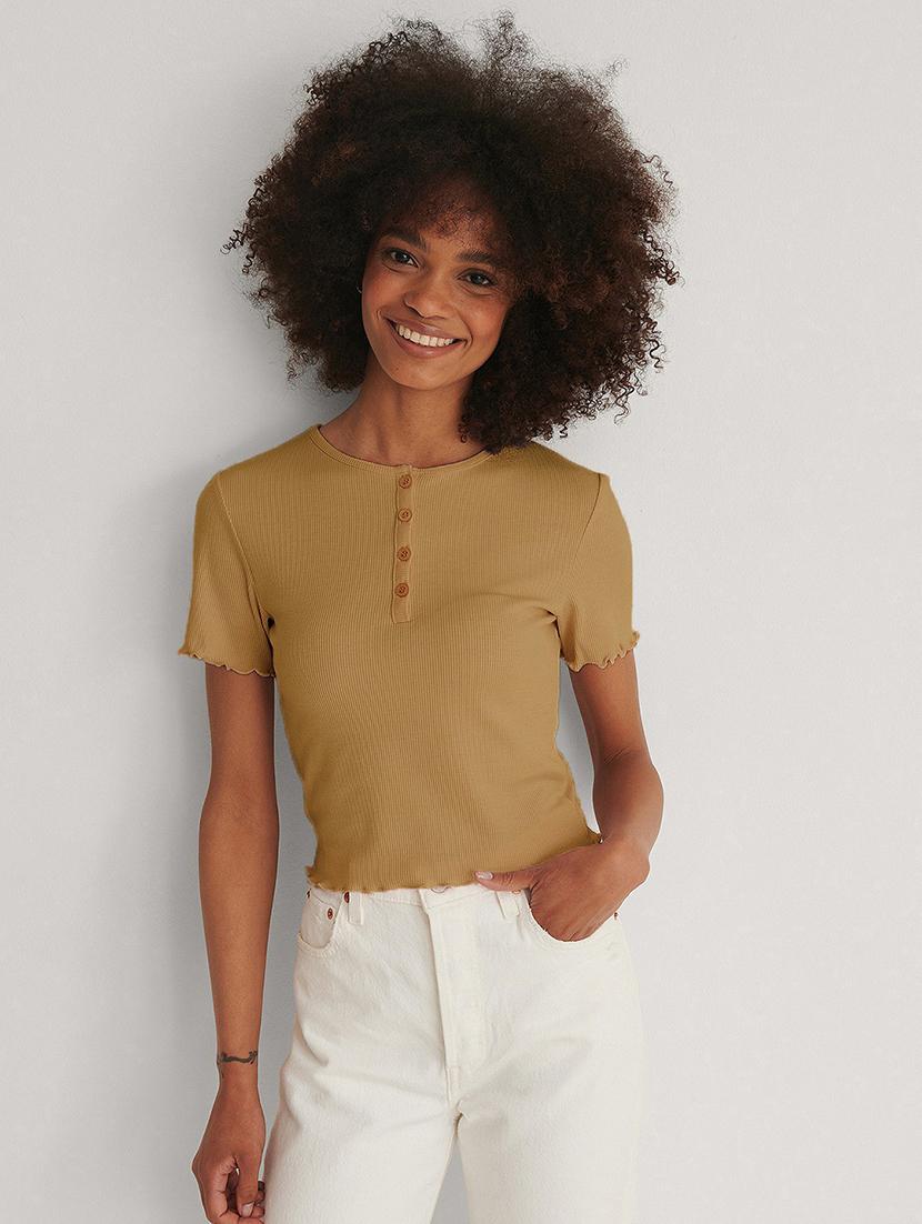 beige solid short sleeves regular top - 20299484 -  Zoom Image - 0