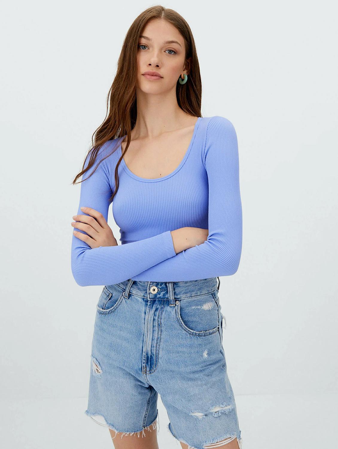 light blue solid long sleeves crop top - 20299493 -  Zoom Image - 0