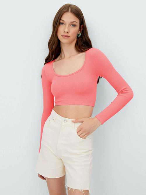 pink solid long sleeves crop top - 20299500 - Standard Image - 0
