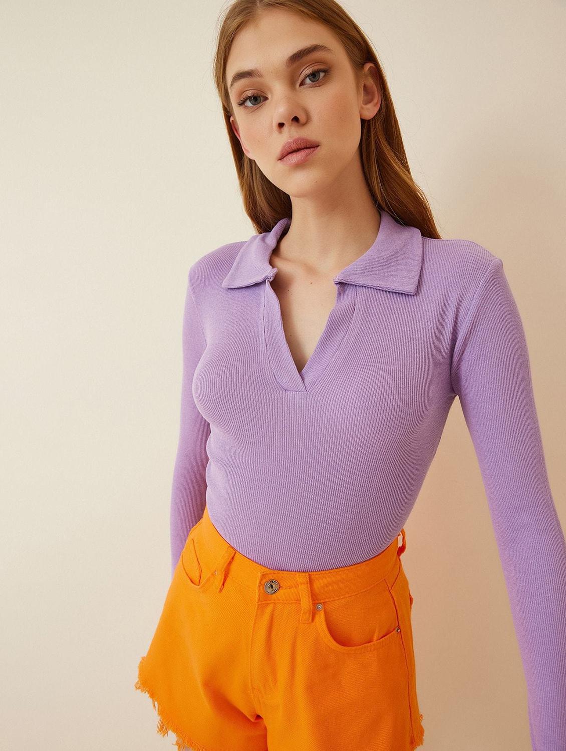 purple solid polo neck regular top - 20299510 -  Zoom Image - 0