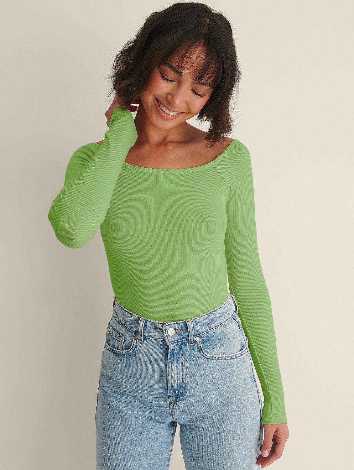green slid long sleeves regular top - 20299532 - Zoom Image - 0