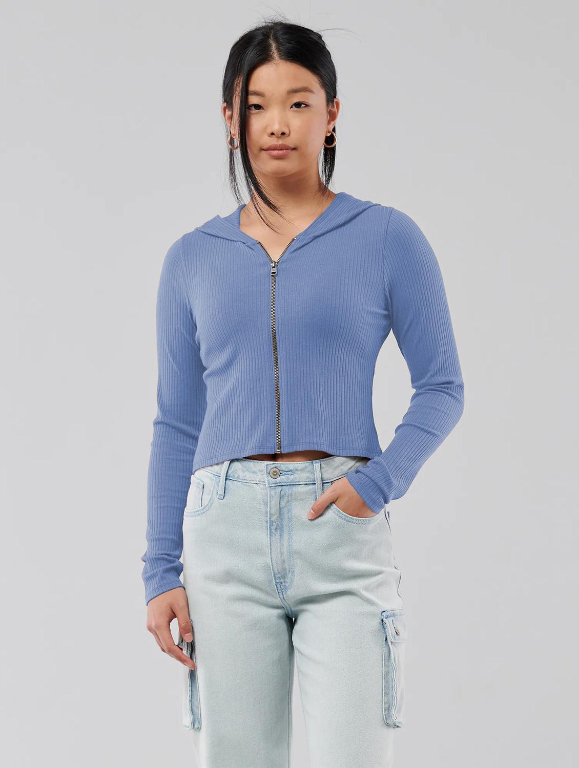 light blue solid hooded neck regular top - 20299547 - Zoom Image - 0