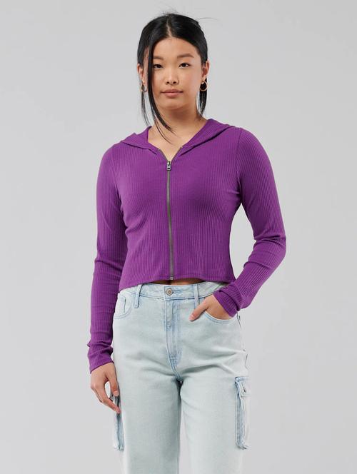 purple solid hooded nwck long sleeves top - 20299550 -  Standard Image - 0