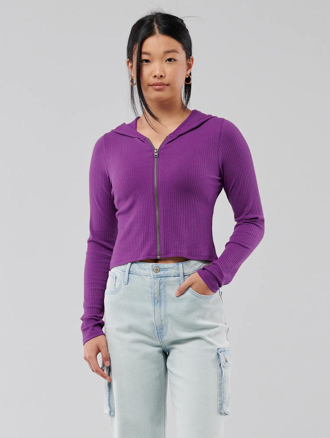 purple solid hooded nwck long sleeves top - 20299550 -  Zoom Image - 0