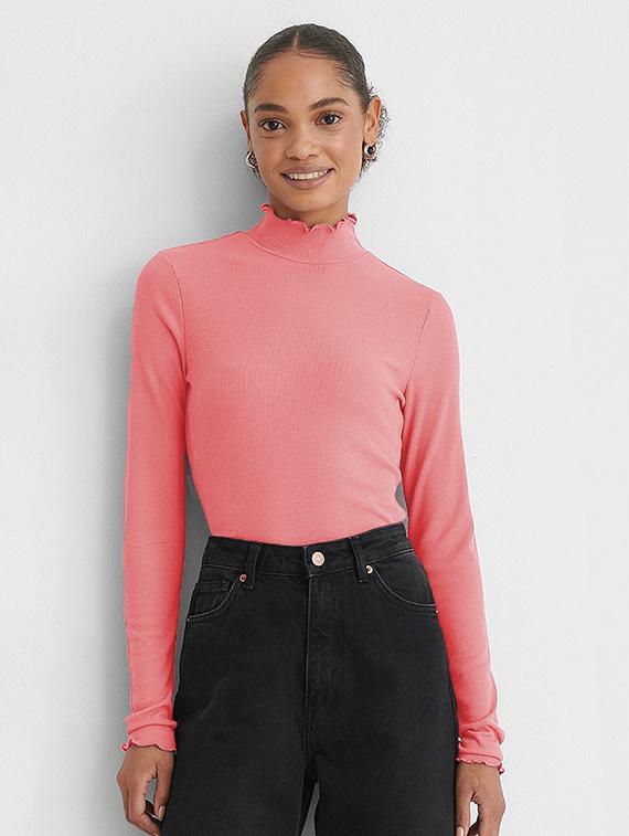 pink solid long sleeves high neck regular top - 20299566 - Zoom Image - 0