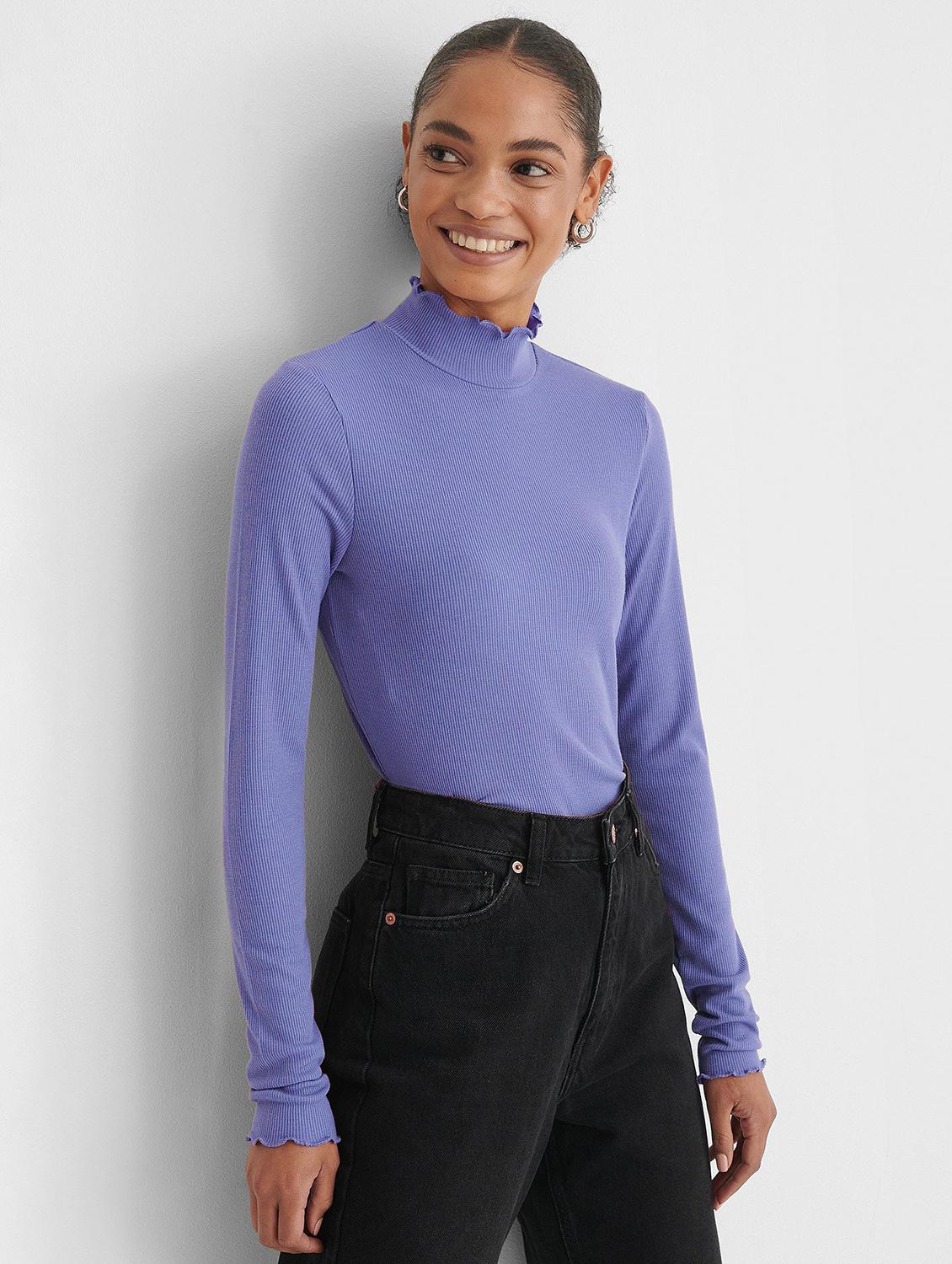 light blue solid long sleeves high neck regular top - 20299571 - Zoom Image - 0