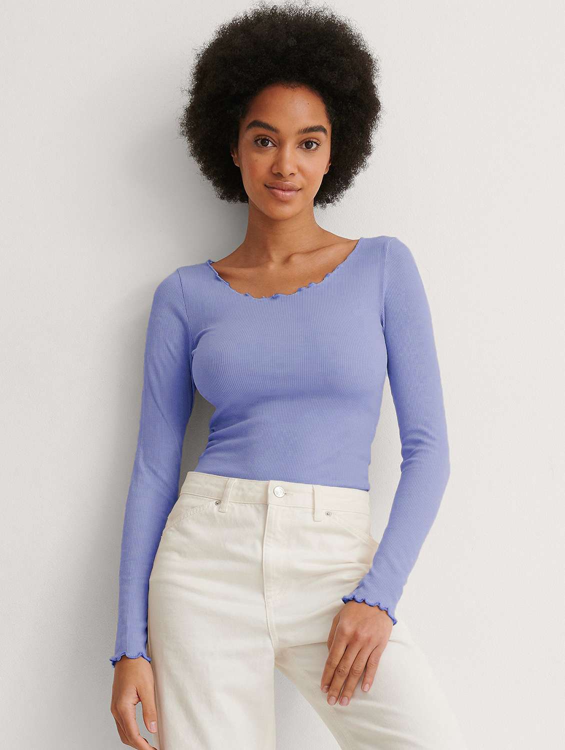 light blue solid long sleeves regular top - 20299609 - Zoom Image - 0