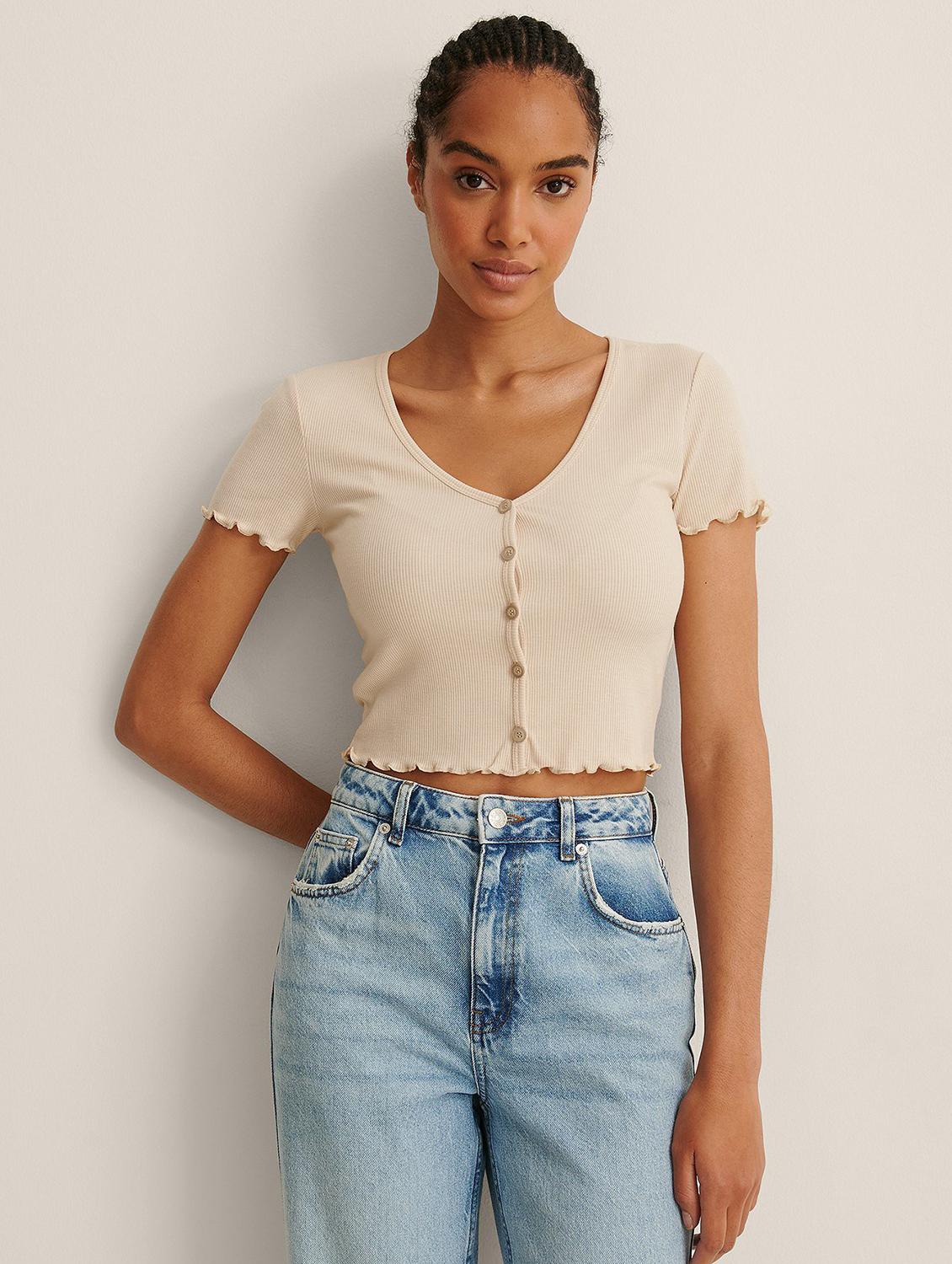 beige solid short sleeves regular top - 20299623 -  Zoom Image - 0