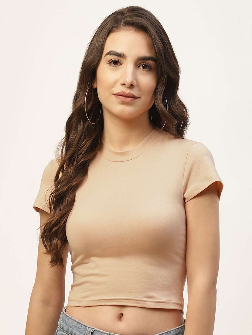 women round neck solid crop top