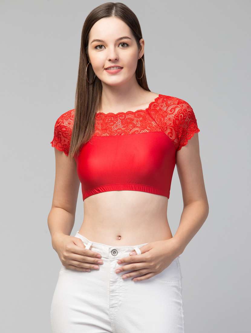 women red solid with work stitched blouse