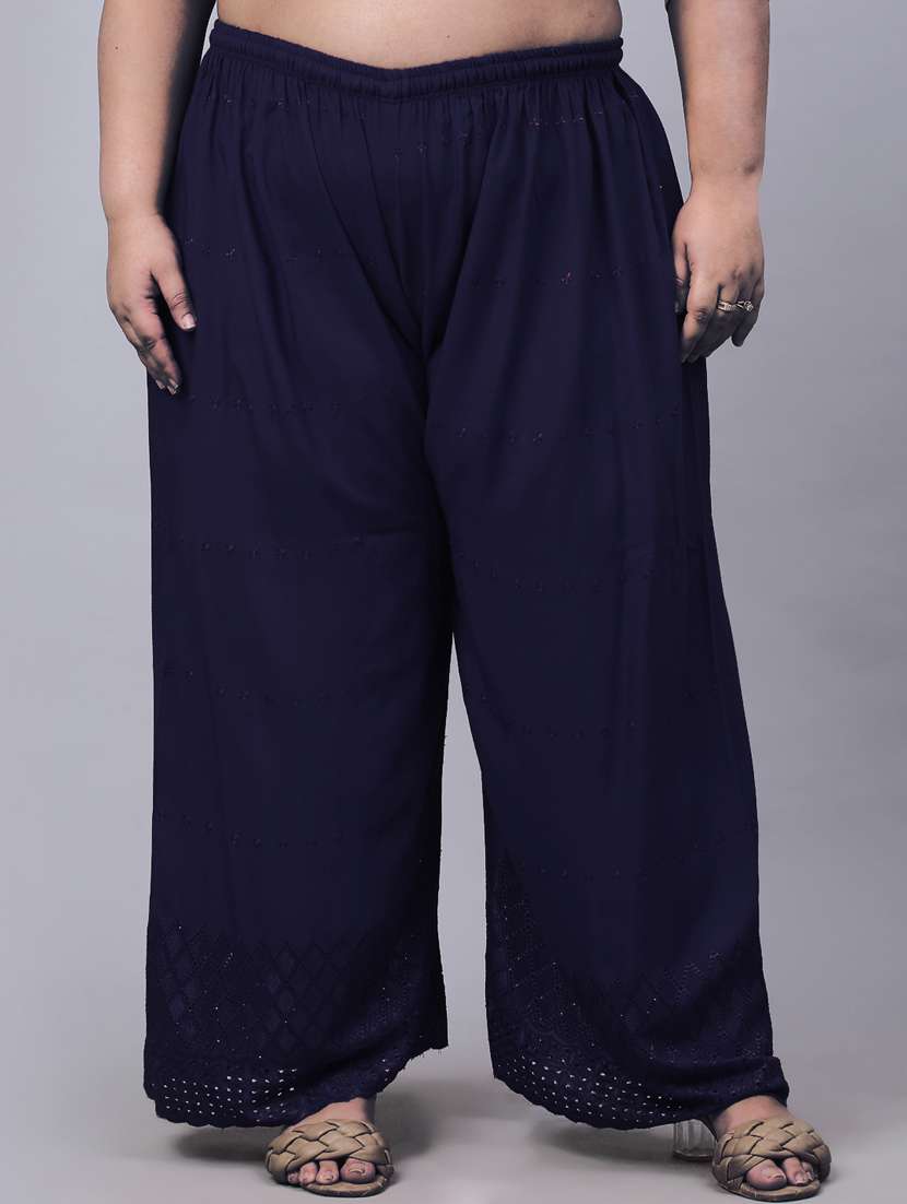 navy blue solid with work palazzo - 20300639 -  Zoom Image - 0