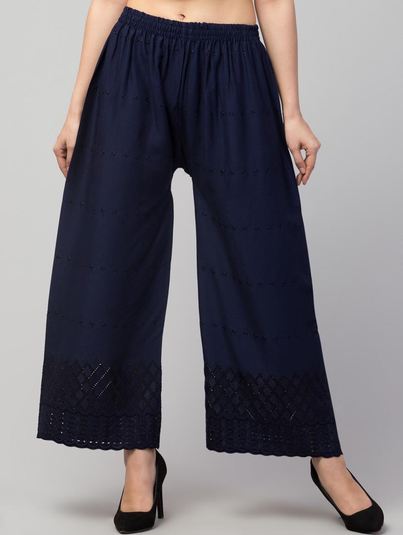 dark blue solid with work palazzo - 20300714 -  Zoom Image - 0