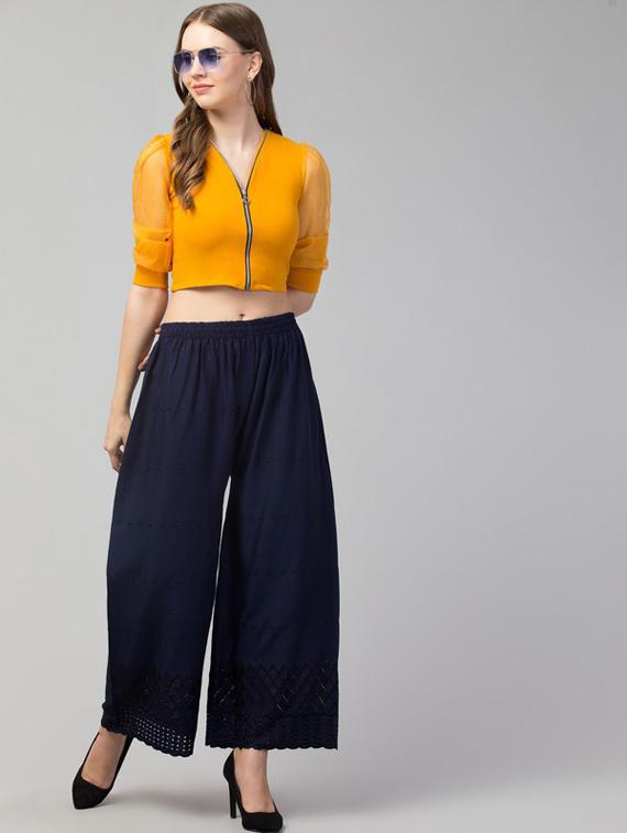 dark blue solid with work palazzo - 20300714 - Standard Image - 3