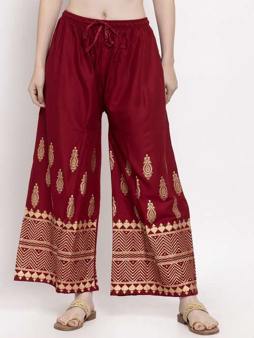 maroon bottom placement print palazzo - 20300746 -  Standard Image - 0