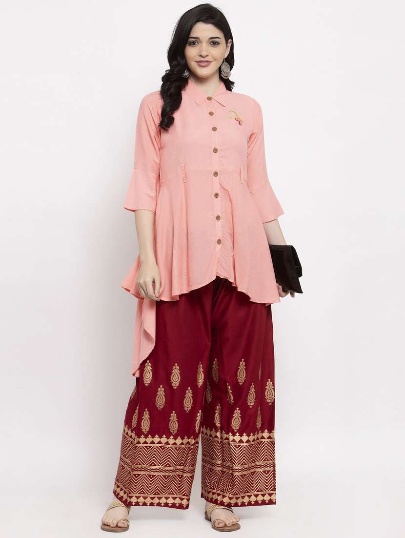 maroon bottom placement print palazzo - 20300746 -  Standard Image - 3