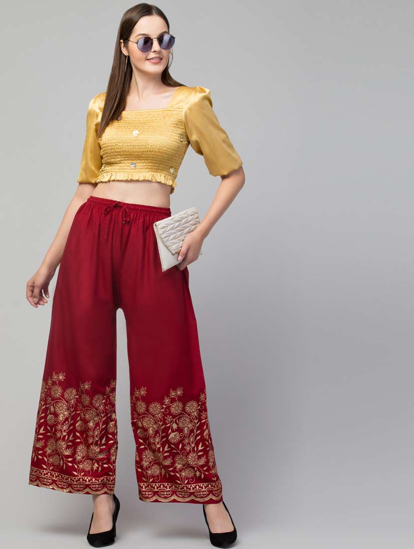 maroon bottom placement print palazzo - 20300754 -  Standard Image - 3