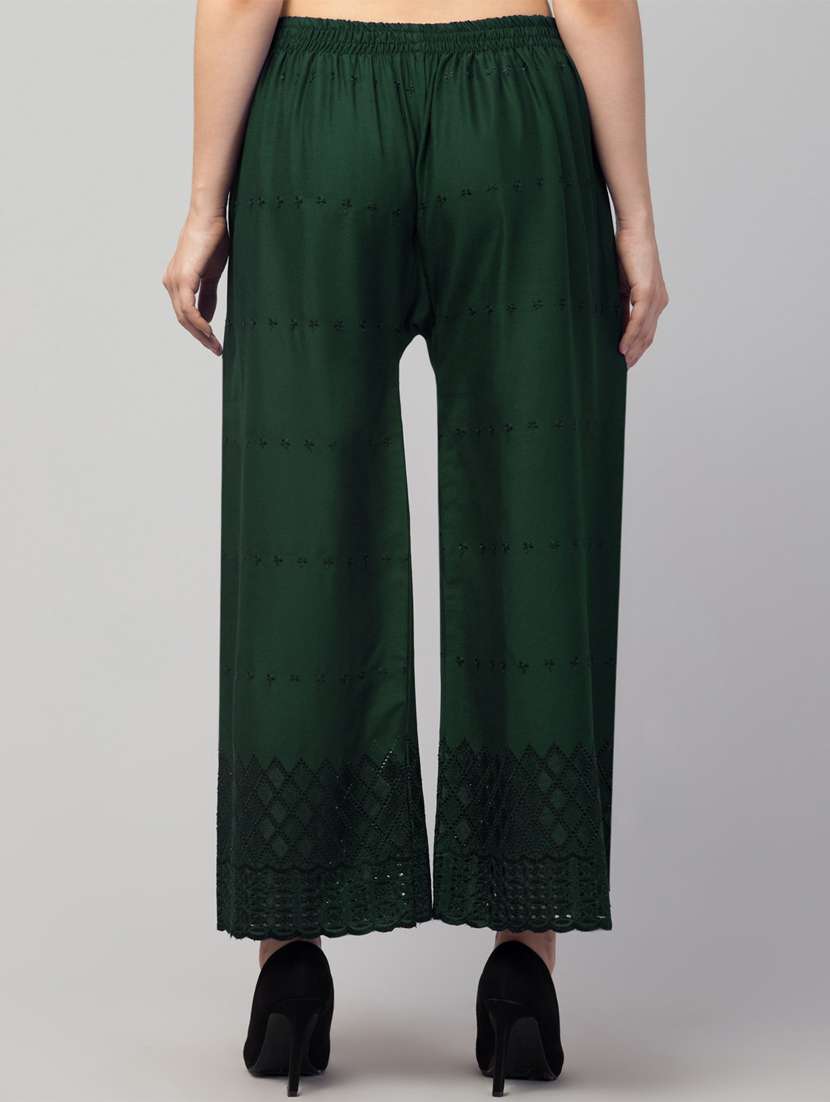 bottle green solid with work palazzo - 20300782 -  Standard Image - 3