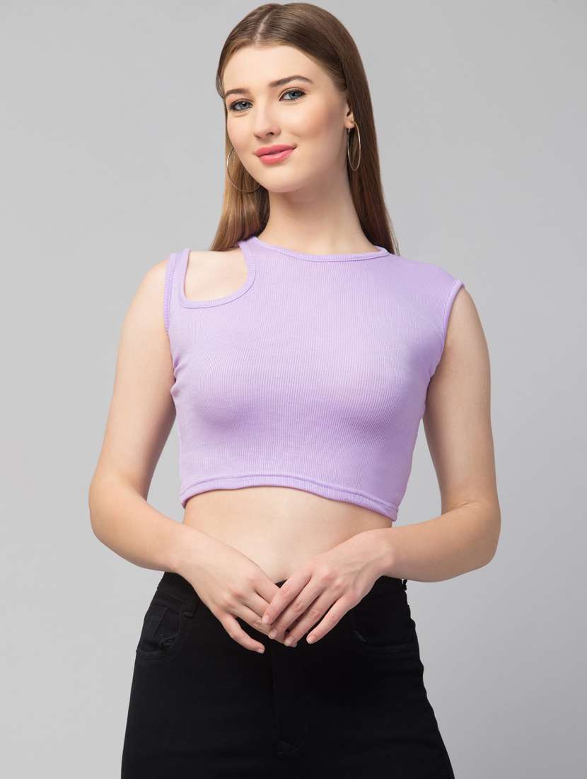 lavender solid sleeveless crop top - 20301315 - Standard Image - 3