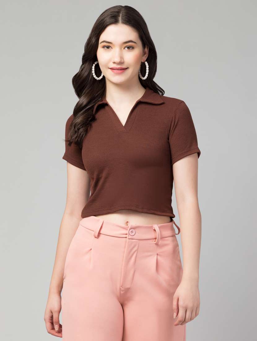 brown solid crop top - 20301323 -  Standard Image - 3