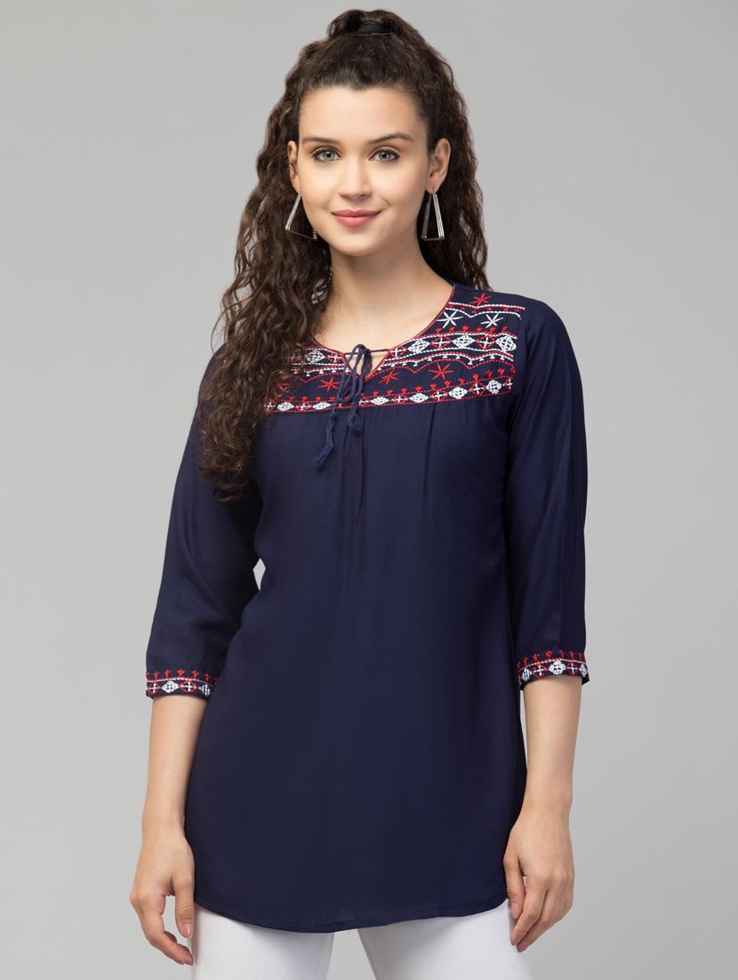 dark blue embroidered regular tunic - 20301342 -  Zoom Image - 0