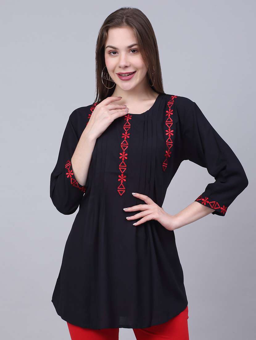 navy blue floral embroidred a-line tunic - 20301369 -  Zoom Image - 0