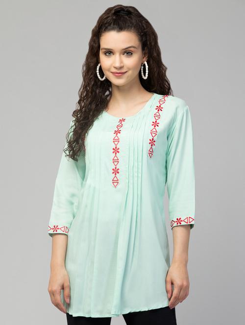 light blue floral embroidred a-line tunic - 20301372 - Standard Image - 0