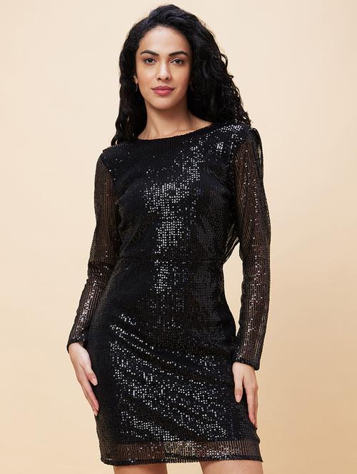 globus women black boat neck long sleeves sequinned sheath party dress - 20301536 - Standard Image - 0