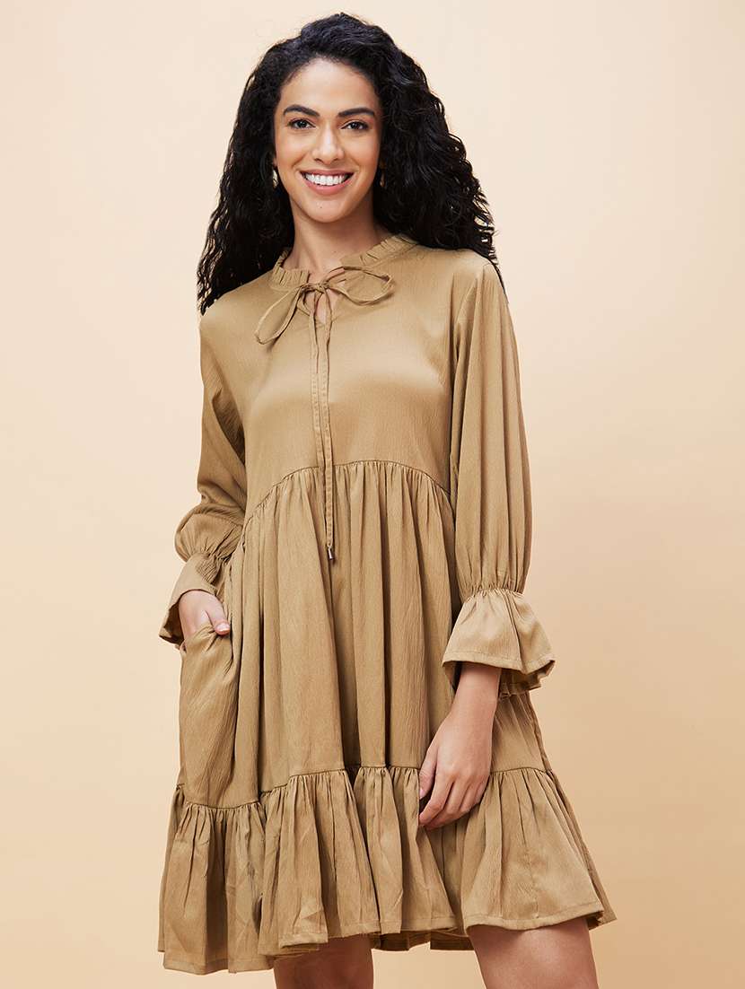 women nude brown polyester a-line dress