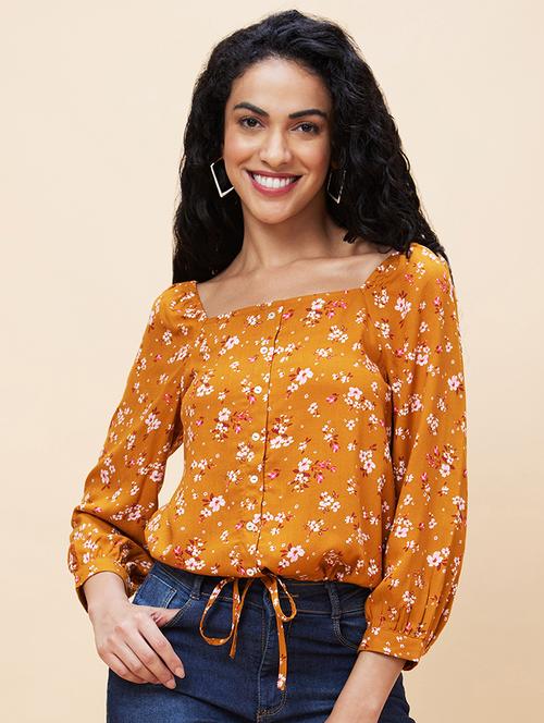 women mustard viscose regular top - 20301548 - Standard Image - 0
