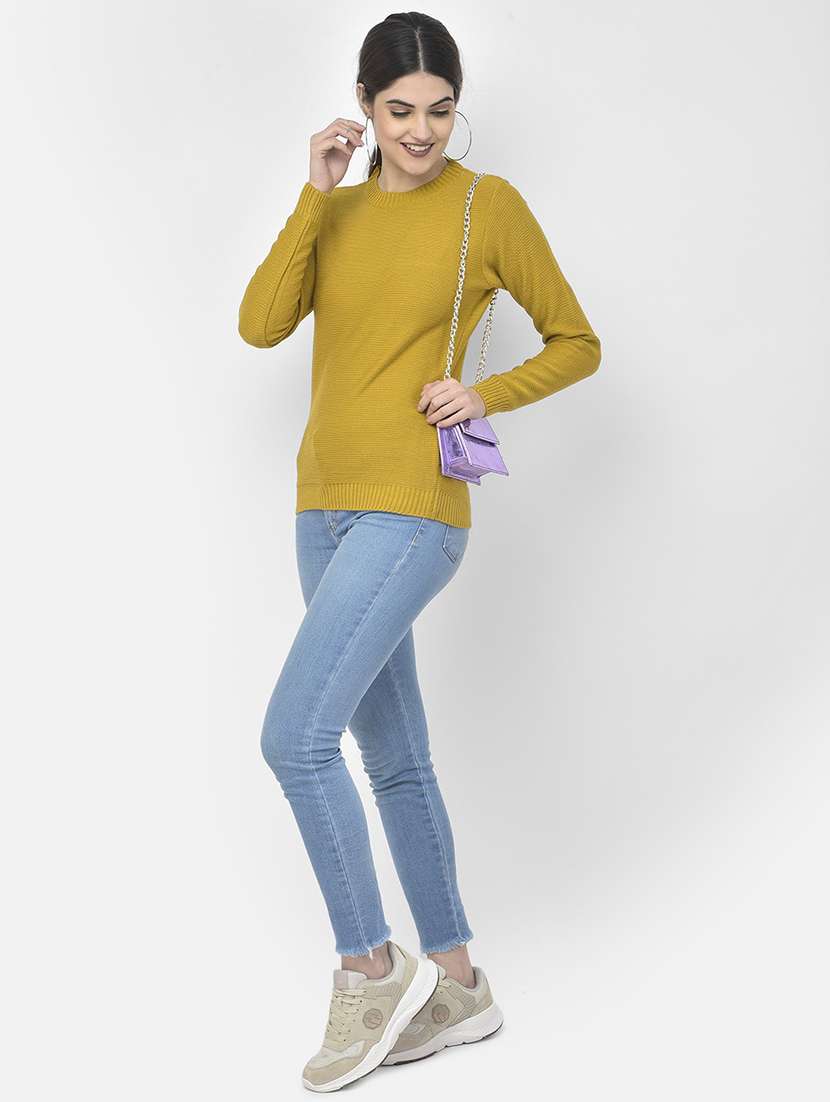 women yellow self design long sleeve pullover - 20301934 - Standard Image - 3