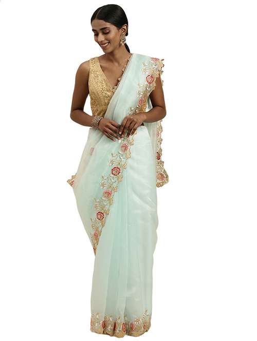 light blue colored embroidered saree - 20302601 - Standard Image - 0