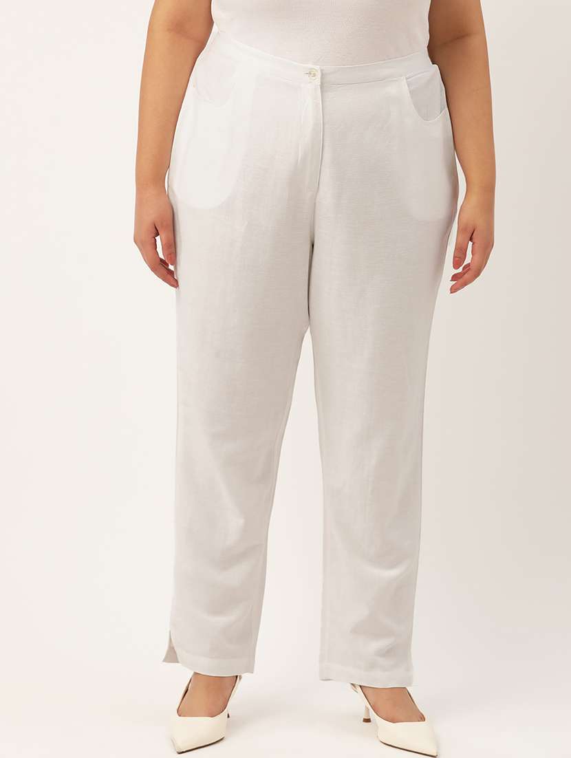 white linen flat front trousers 