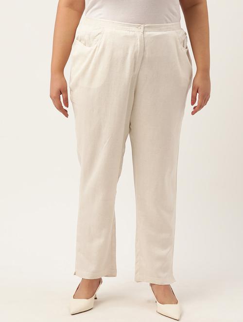 off white linen flat front trousers - 20302760 - Standard Image - 0