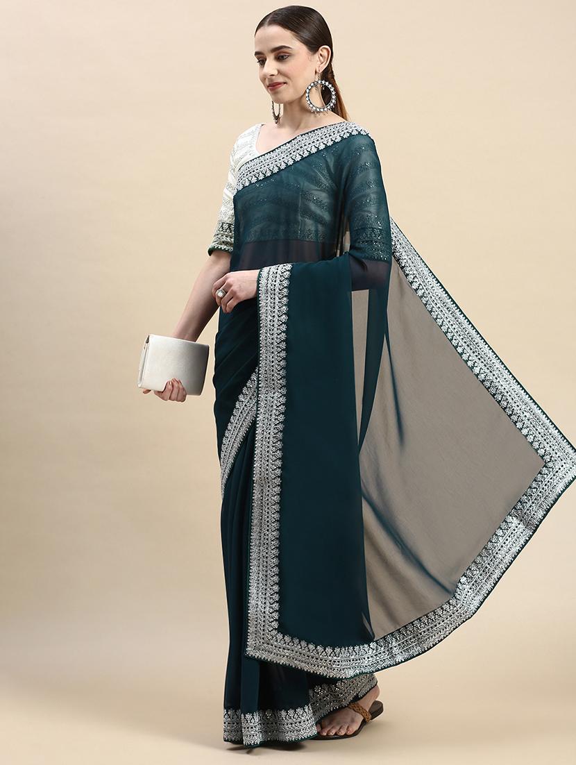 soft georgette saree with silver embroidered border - 20303103 -  Zoom Image - 0