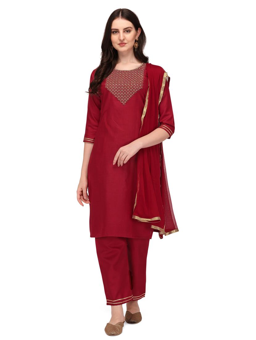 red colored kurta dupatta set - 20304883 -  Zoom Image - 0