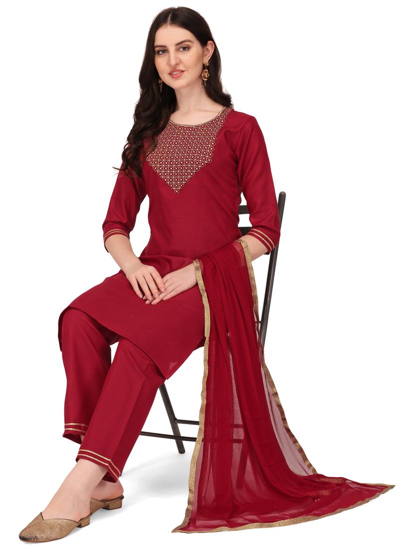red colored kurta dupatta set - 20304883 - Standard Image - 3