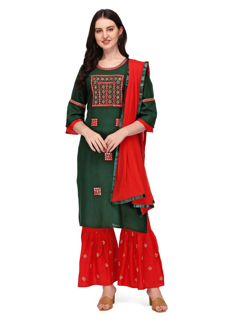 bottle green colored kurta sharara set - 20304888 -  Zoom Image - 0