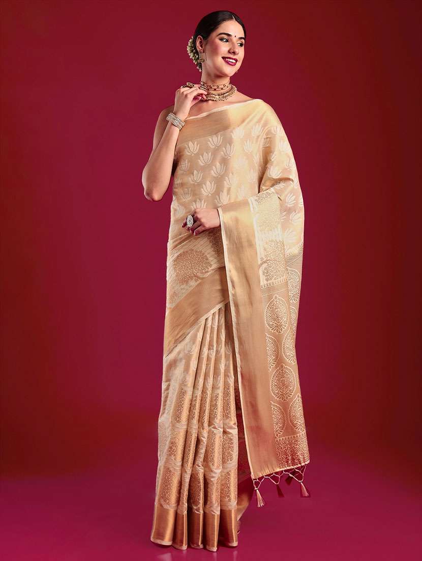 women's self design peach colored saree with blouse