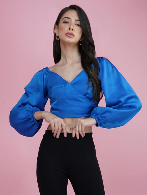 blue solid puff sleeves wrap top - 20305174 - Standard Image - 0