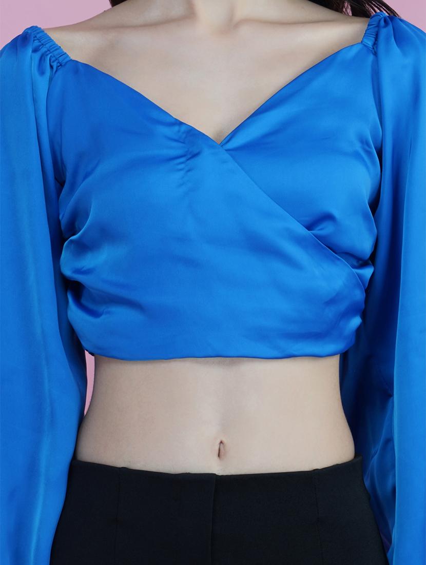 blue solid puff sleeves wrap top - 20305174 - Standard Image - 3