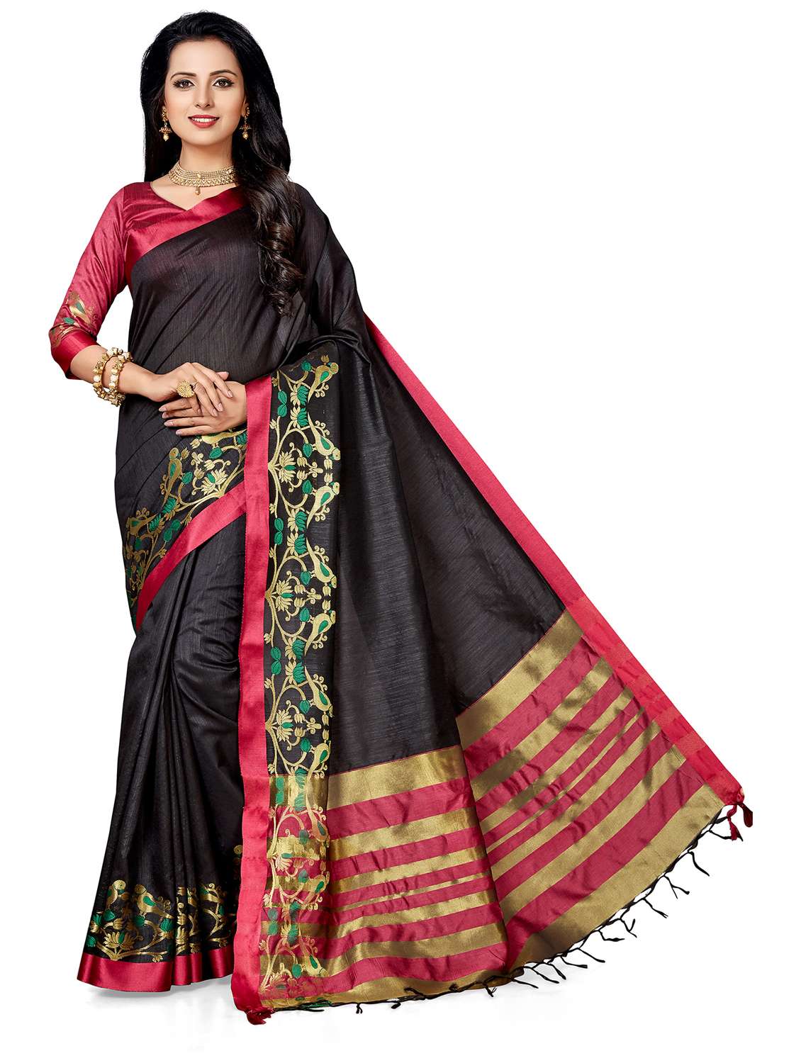 women's self design black colored saree with blouse