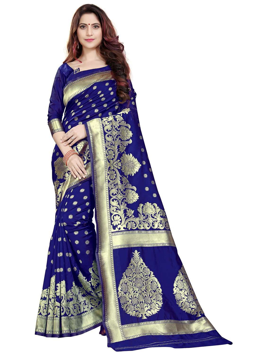 women's self design blue colored saree with blouse