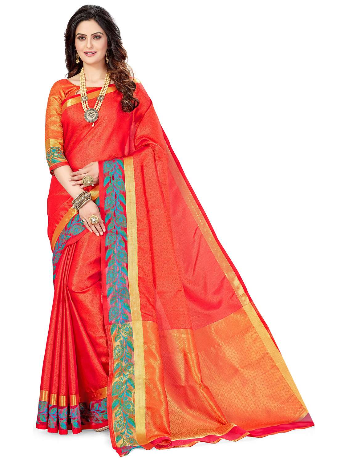 women's solid red colored saree with blouse