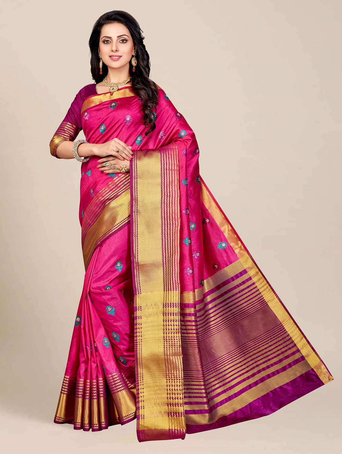 women's self design pink colored saree with blouse