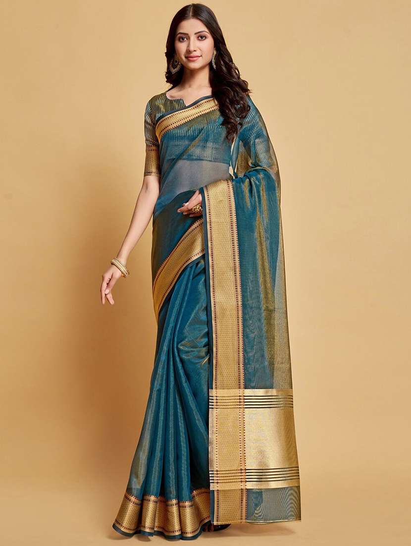 women's solid teal colored saree with blouse
