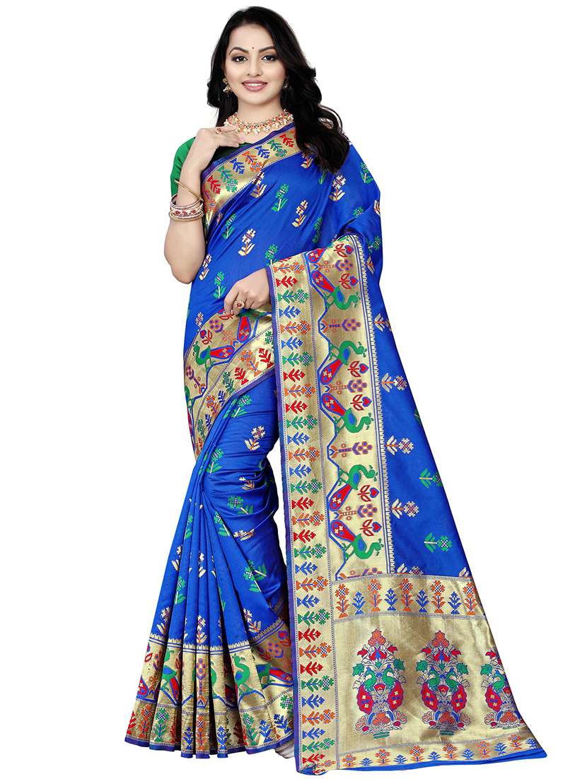 women's self design royal blue colored saree with blouse