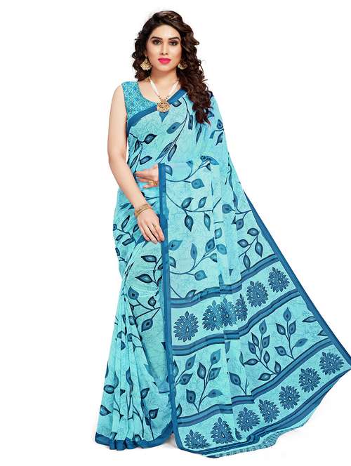 women's floral ai aqua colored saree with blouse - 20306727 - Standard Image - 0