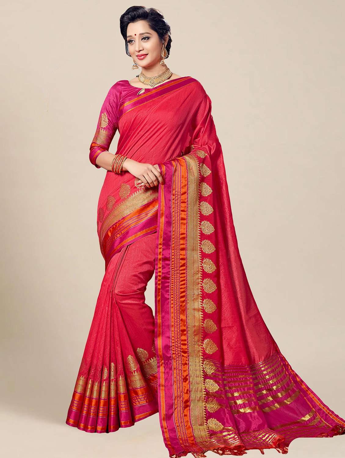 women's self design red colored saree with blouse